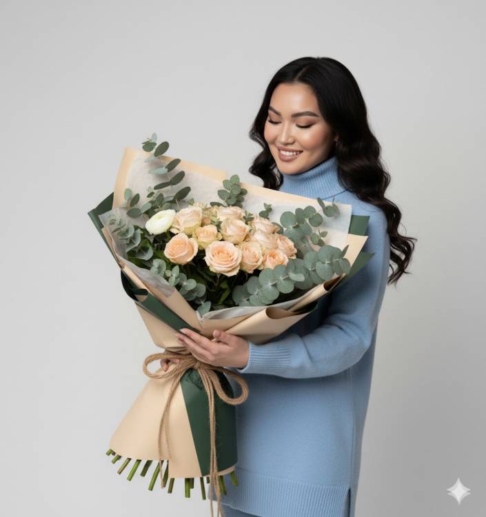 Букет из 11 белых роз с ароматным эвкалиптом в стильной упаковке