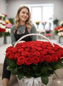 Белая корзинка с 51 красной розой