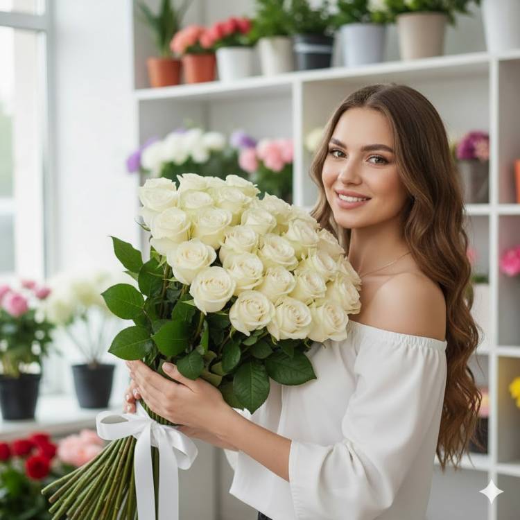 Букет из 25 белых роз 60 см