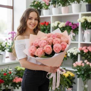 Розовый букет из 15 роз