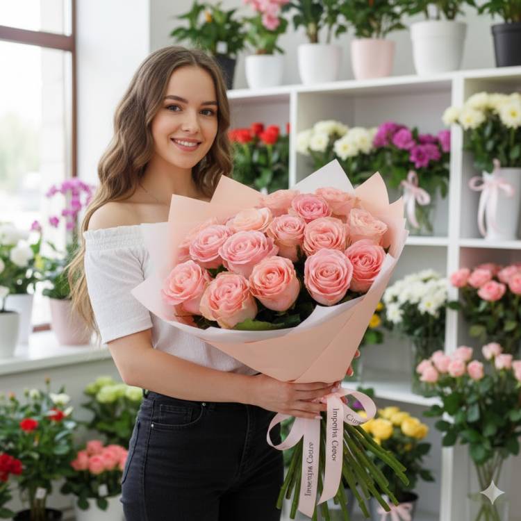 Розовый букет из 15 роз