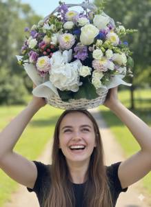 Букет с георгинами "Корзинка счастья"