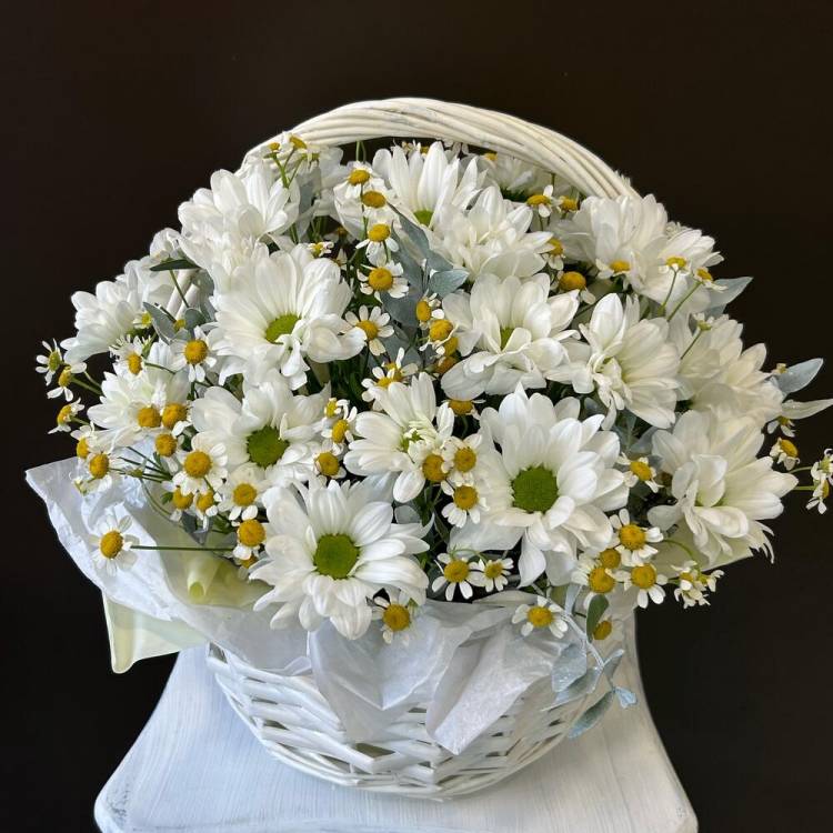 Композиция в корзине из белой хризантемы