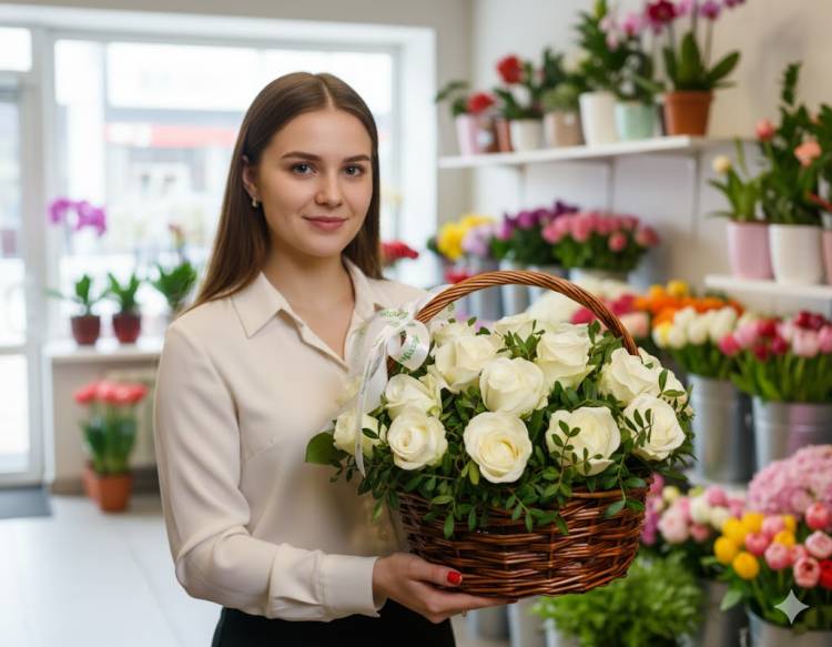 25 роз с зеленью в корзине