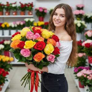 Букет из 15 микс роз 100 см